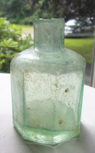 Antique Civil War Era 8 Sided Hand Blown Aqua Glass Ink Bottle Crude Lip Bubbly