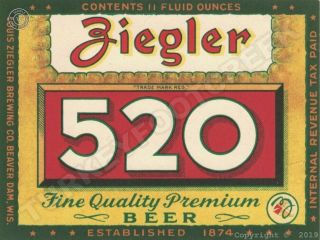 Ziegler 520 Beer Label 9 " X 12 " Aluminum Sign