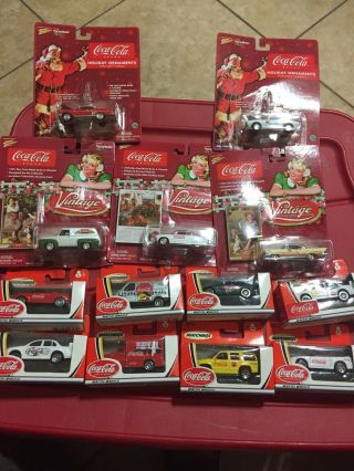 Coca Cola Set Of 12 Small Scale Die Cast Cars With 2 Orniments
