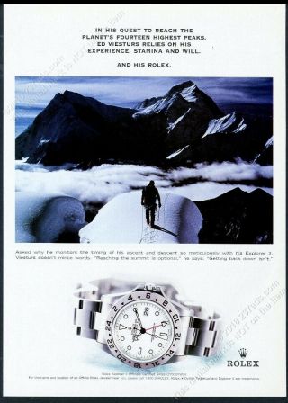 1999 Rolex Explorer Ii Watch Ed Viesturs Photo Vintage Print Ad