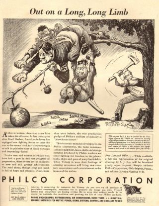 1942 Ww 2 Ad Philco Radio Art Uncle Sam Chops Down The Axis Leader 