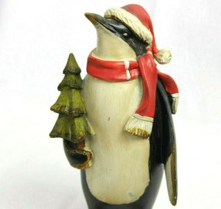 Penguin Figure Carved Wood Look Santa Christmas Holiday Shelf Figurine 8 In