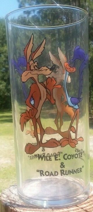 1994 Looney Tunes Warner Bros Wile E Coyote Road Runner Clear Glass Tumbler 6 "