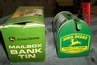 John Deere Quality Farm Equipment Mailbox Piggy Bank Tin 1532 With Mail Flag