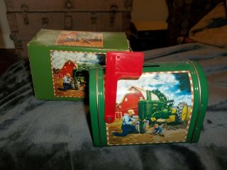 John Deere Quality Farm Equipment Mailbox Piggy Bank Tin 1532 with Mail Flag 2