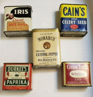 Vintage 5 Metal Spice Cans Various Spices And Brands