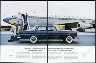 1962 Mercedes Benz 220se Blue Car & Lufthansa Plane Color Photo Vintage Print Ad