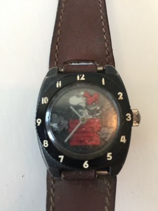 Vintage 1960‘s (1965?) Snoopy Red Baron Wind Wrist Watch W/ Leather Band