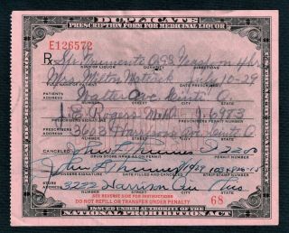 Prohibition Whiskey Prescription Old 7/10 1929 Doctor Pharmacy Ohio Matlack Bar