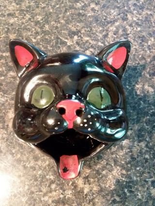 Vintage Japan Black Cat Head Ashtray Redware Incense Burner Vg