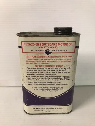 Vintage Texaco 50 - 1 Outboard Motor Oil Quart Can empty 2