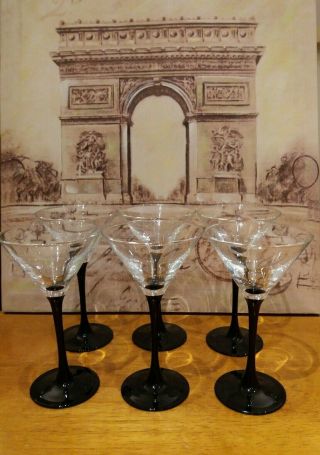 Set Of 6 - Luminarc French Cocktail / Shot Glassess.  Attactive Black Stem.