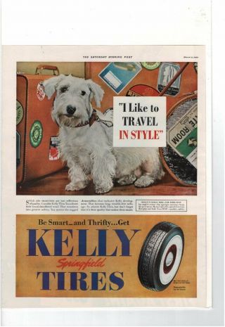 Vintage 1940 Kelly Springfield Tires Travel Scottish Terrier Dog Ad Print C053
