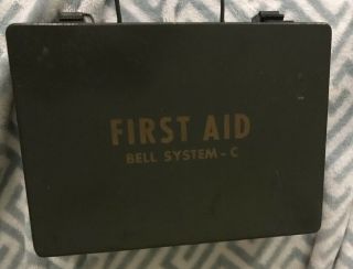 Vintage Army Green Bell System C First Aid Kit W/ Severalcontents Metal Case Box