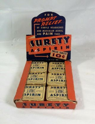 Vintage Advertising Surety Aspirin Counter Display 12 Full Tins General Store