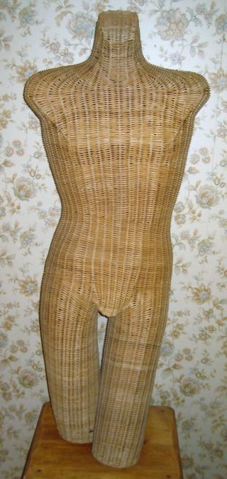 Vintage Male Tan Wicker Woven Rattan Torso Body Mannequin Clothing Form