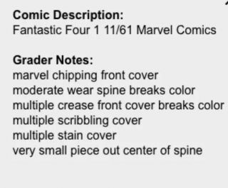 The Fantastic Four 1 Marvel Comics 1961 Jack Kirby Classic 1st App.  CGC 2.  0 GD 4