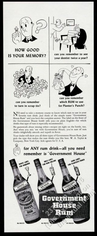 1943 Government House Rum White Gold Dark Label Bottles Photo Vintage Print Ad