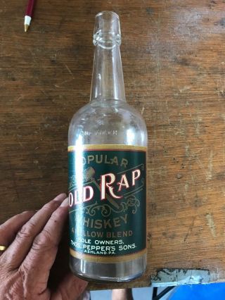 Vintage “old Rap” Paper Label Quart Whiskey Bottle Thos.  Peppers Ashland,  Pa.