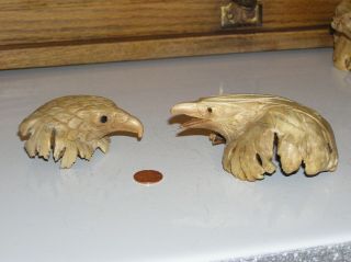2 Vintage Carved Handcrafted Burl Wood Eagle Hawk Figures