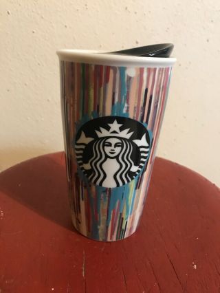 Starbucks Ceramic Travel Mug With Lid " Paint Drip " Rare