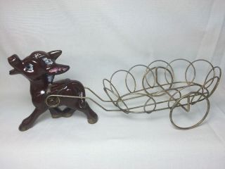 Vtg Redware Ceramic Donkey Mule Horse Carriage Figurine Metal Plant Stand Tray