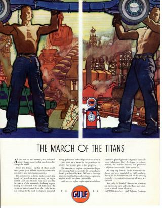 1936 Vintage Print Ad Gulf Oil Corporation The March Of The Titans Shirtless Men