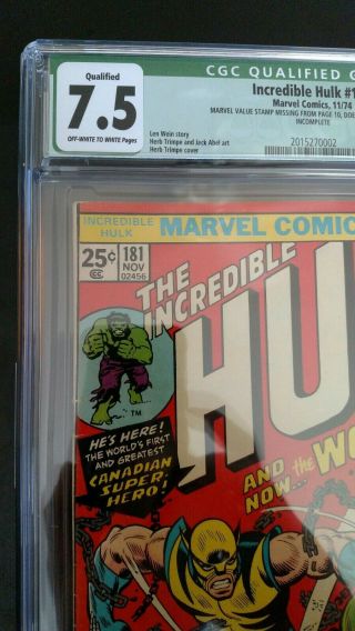 Incredible Hulk 181 CGC 7.  5 (Green Label - Stamp Removed) 2
