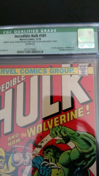 Incredible Hulk 181 CGC 7.  5 (Green Label - Stamp Removed) 3