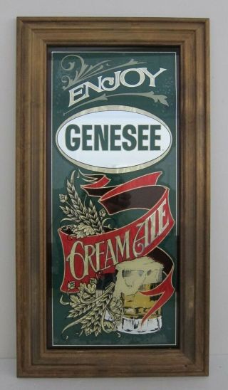 Genesee Cream Ale Vtg Beer Pub Bar Screenprinted Foil Glass Mirror Framed 12x23 "