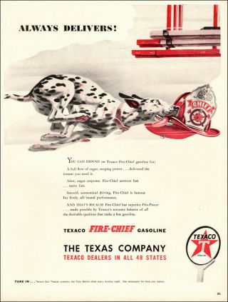 1947 Vintage Ad Texaco Fire - Chief Gasoline Art Dalmation Racing Delivers 052419