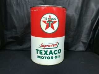 Vintage Large Improved Texaco Motor Oil 5 Qt Gas Service Station Metal Can Neat
