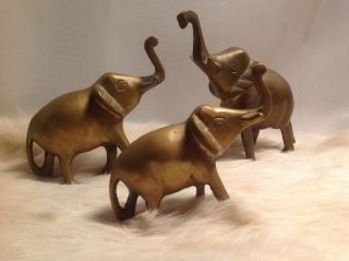 3 Solid Brass Elephant Family Set Vintage Figurines Trunk Up Lucky Feng Shui