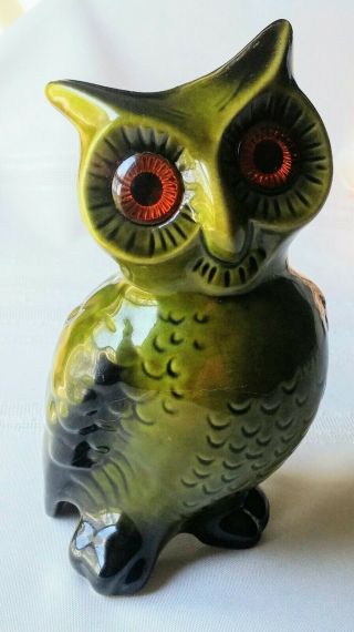 Vintage Mid Century Avocado Green Kitch Big Eyes Ceramic Owl Figure Figurine