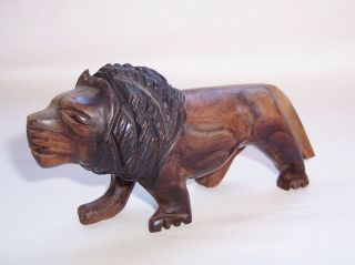 Vintage Lignum Vitae Carved Wooden Lion Figure Wood Animal Ornament