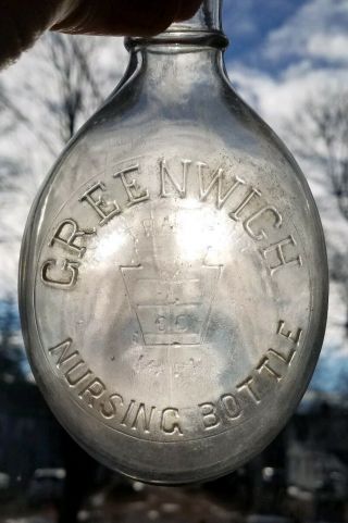Vintage Glass Embossed,  8 Ounce,  Greenwich Nursing Baby Bottle,  Murder Bottle