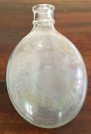Vintage Glass Embossed,  8 Ounce,  Greenwich Nursing Baby Bottle,  murder bottle 5