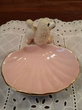 Vintage Ceramic White Poodle Dog Figurine Standing On A Pink Clam Shell
