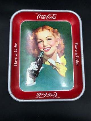 Antique Vintage 1948 Coke Coca Cola Tray Have A Coke Red Hair Girl Yellow Scarf