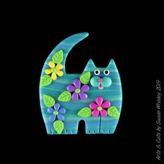 Medium Standing Turquoise Blue Kitty Cat & Summer Flowers Pin - Swris