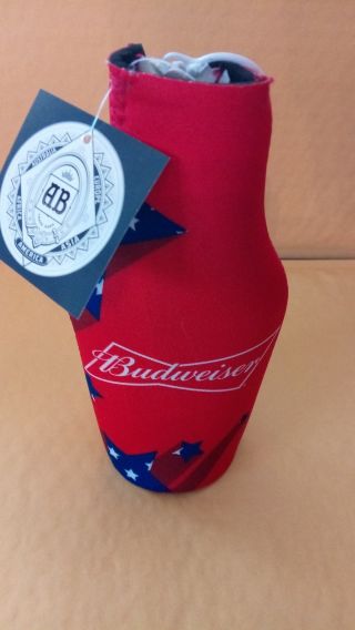 Budweiser Bottle Koozie Red With White Stars And A Zipper.  Patriotic