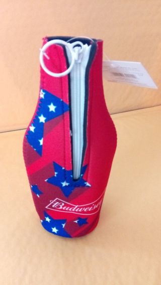 Budweiser Bottle Koozie Red with White Stars and a zipper.  Patriotic 2