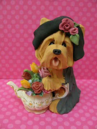 Handsculpted Yorkie Yorkshire Terrier With Teapot Figurine