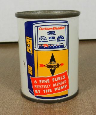 Vintage 1950s Blue Sunoco Pump Advertising Oil Can Tin Bank Sun Oil Co.  English