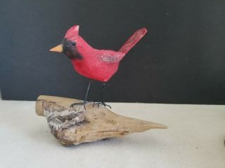 Vintage Hand Carved Wood Cardinal Bird Folk Art Sculpture