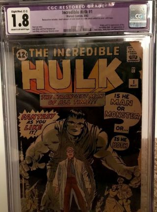 Incredible Hulk Cgc 1.  8 1 1962.  Restored Slight/mod.  (c - 2)