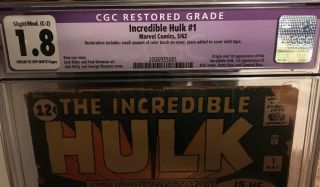INCREDIBLE HULK CGC 1.  8 1 1962.  RESTORED SLIGHT/MOD.  (C - 2) 3