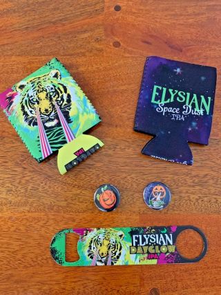 Elysian Beer Swag - Dayglow & Space Dust Koozies,  Pins,  Dayglow Bottle Opener