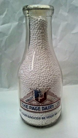 The Page Dairy Co.  Toledo Ohio Milk Bottle Round Acl Quart 1940 