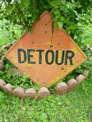 Vintage Detour Sided Sign Heavy Metal Embossed Gas Oil Transportation 24 " X 24 "